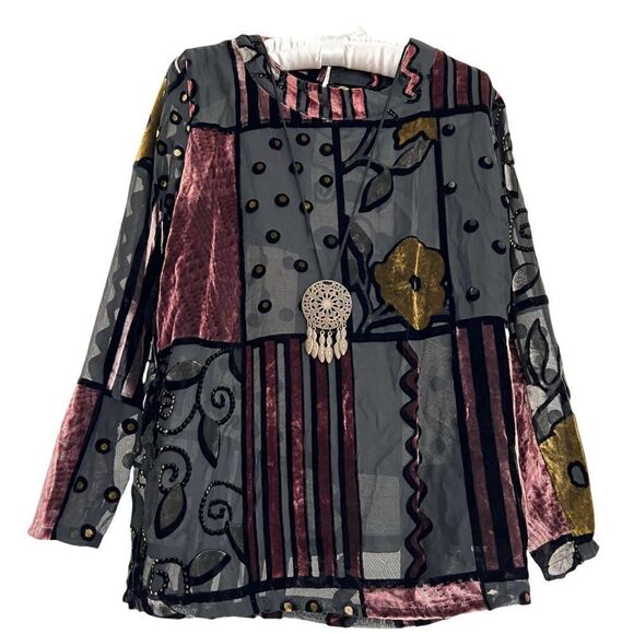Vintage Kaktus Burn Out Velvet Patchwork Design Blouse with Attached Pendant - Picture 1 of 7